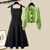 Knit Sweater Top Black Dress Two Piece Set Women's